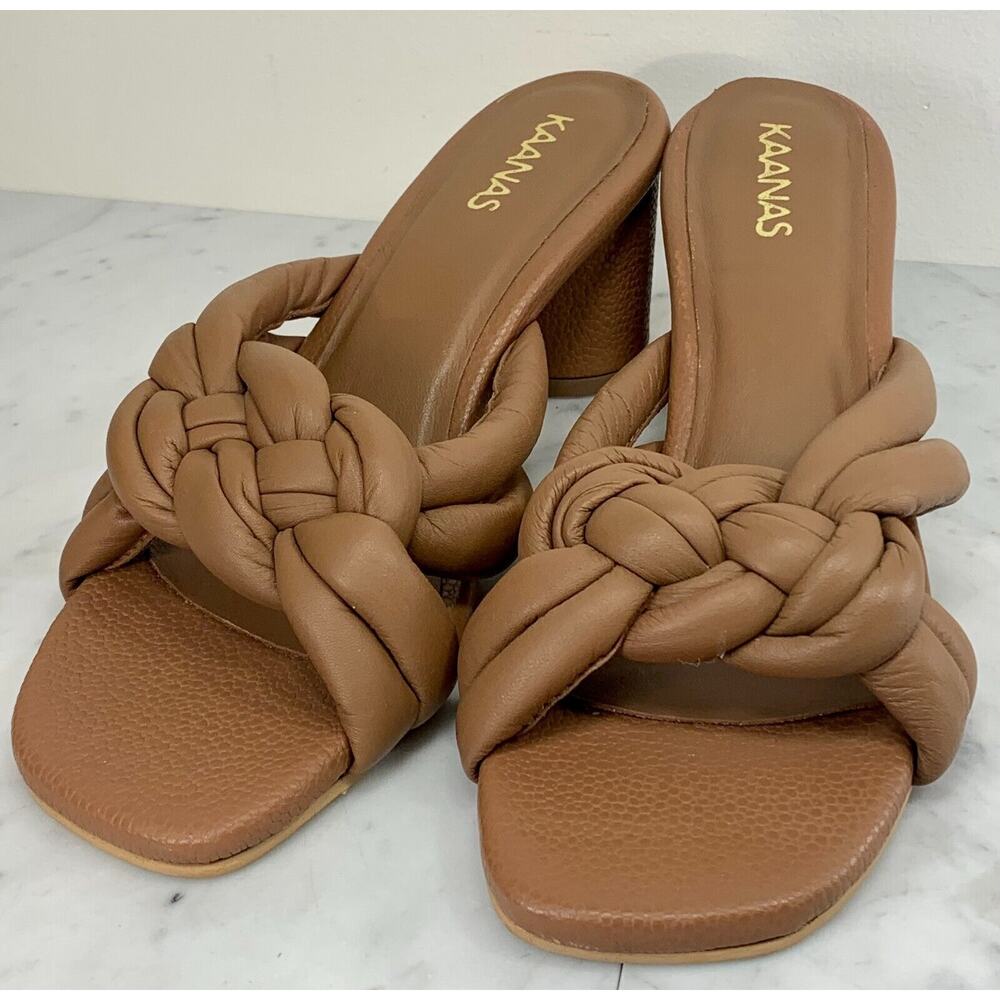 Kaanas Bekasi Sandals 7 Coffee Knot Leather Rope Slip On 2.75" Block Heel EUC - Picture 8 of 13